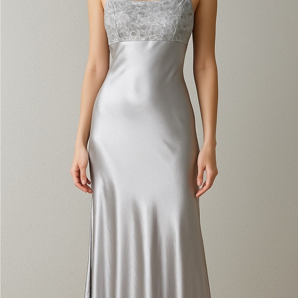 NWT Deadstock Vintage Silver Satin Slip Dress Y2K Maxi Gown with Lace Bust L - Picture 2 of 11
